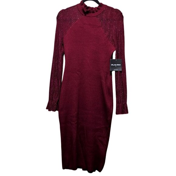 Dylan Ryan Burgundy Knit Fitted Dress With Glittery Long Sleeves XL - Picture 1 of 9